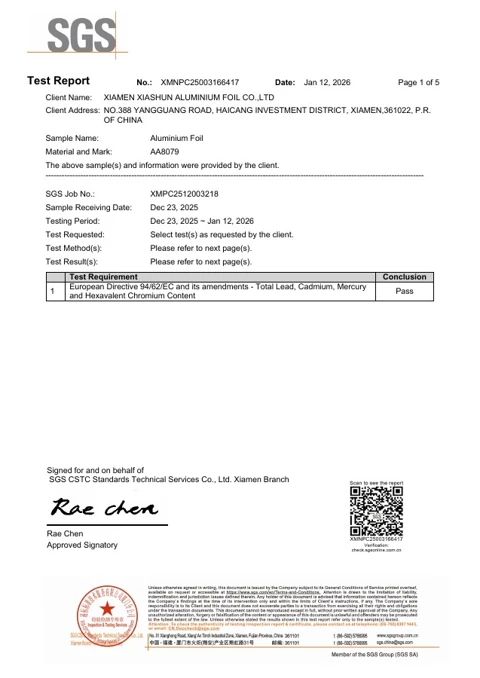 Feuille d'aluminium AA8079 - Rapport 94/62/CE